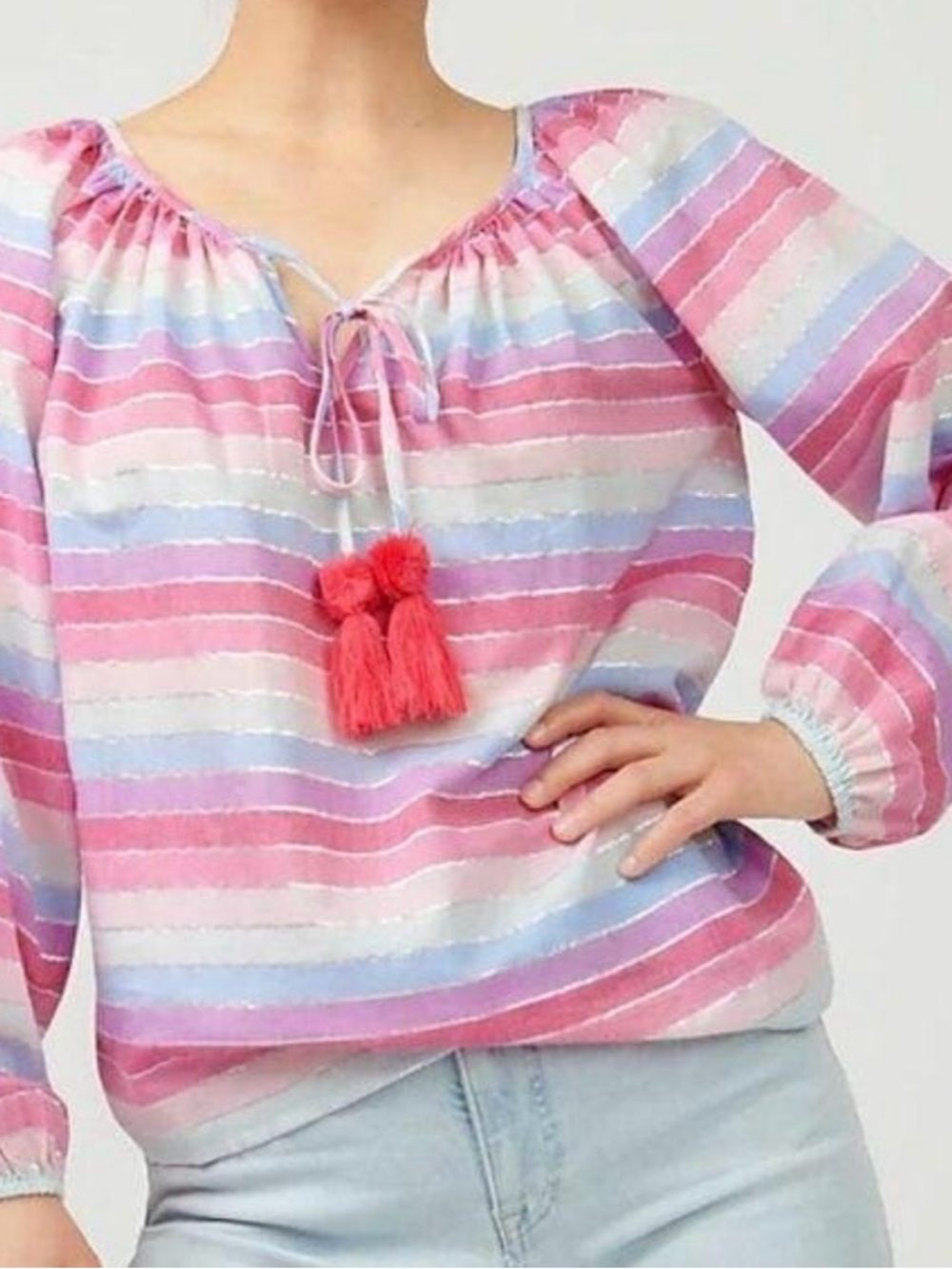 J.CREW Metallic Pastel Stripe Tassel Peasant Blouse